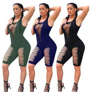 2023 New Casual Hole Hollow Out 3Xl Plus Size Playsuits Summer Solid Color Sleeveless Rompers Shorts Bodycon Women Cami Jumpsuit