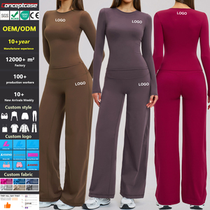 Conjunto de Yoga Personalizado para Mujer, 2 Piezas, <span class=keywords><strong>Top</strong></span> Corto de <span class=keywords><strong>Manga</strong></span> <span class=keywords><strong>Larga</strong></span> <span class=keywords><strong>Deportivo</strong></span> con Leggings de Cintura Alta, Pantalones Acampanados de Tela Suave con Orificios para Pulgares, Ropa Deportiva - Product Image 1
