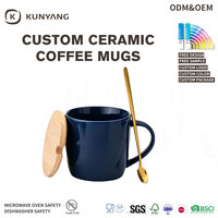 Mug à café en céramique avec couvercle en bois et cuillère en métal, tasse à thé en porcelaine de couleur unie, logo personnalisé, vaisselle de bureau et de maison, vente en gros