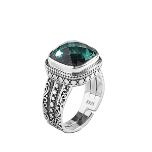 Vintage 925 Silver <b>Cocktail</b> <b>Ring</b> With Green Crystal Bezel Setting Geometric Design Women's Jewelry - Product Image 1