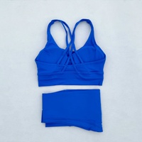 Ensemble de vêtements de yoga 2 pièces pour femme, été, couleur unie, taille haute, effet push-up, contrôle du ventre, respirant, pantalon extensible quadridirectionnel, dos croisé