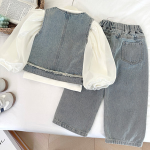 Set Alla Moda per Ragazze con Giacca in Denim e Pantaloni, Top a Maniche Lunghe Autunnale, Motivo Uniforme, Tre Pezzi Popolari <span class=keywords><strong>Online</strong></span> - Product Image 5