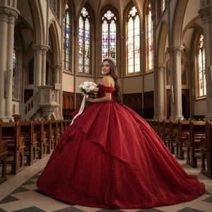 Vestido de Quinceañera Rojo Brillante con Escote Corazón, Hombros Descubiertos, Largo hasta el Suelo, Tul con Apliques de Encaje y Flores, Vestido de 15 Años - Product Image 1