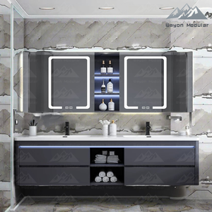 Mobile da <span class=keywords><strong>Bagno</strong></span> Sospeso Moderno Wayon con Doppio Lavabo e Specchiera Contenitore a LED in Compensato Impermeabile Certificato CE Modello WW-YSG - Product Image 4