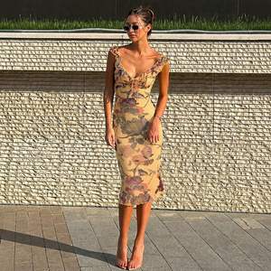 Women's Vintage Floral Print Mesh Midi <b>Dress</b> Sleeveless <b>Ruffle</b> Trim V Neck Bodycon Slim Fit Elegant Summer Party <b>Dress</b> - Product Image 4