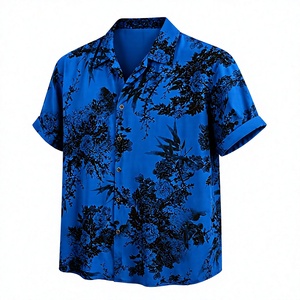 Chemise décontractée pour homme en coton/polyester bleu et noir, col rabattu, manches courtes, respirante, écologique, printemps, plage - Product Image 4