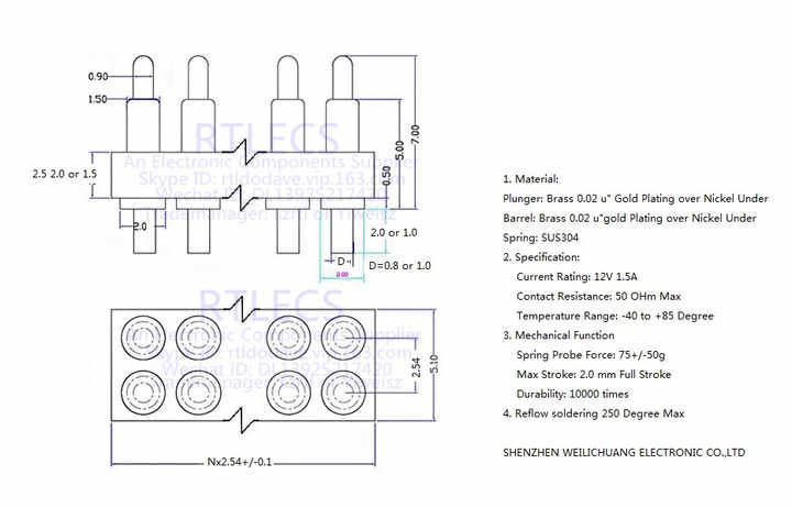Spring Loaded Pogo Pin Connector - 7.0 mm Height, 12 Pin Dual Row, 2.54 ...