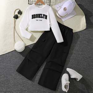 Completo Casual da Ragazza Due Pezzi Primaverile con Stampa Lettering Frontale Logo Traspirante in Poliestere/Cotone Felpa a Maniche Lunghe e <span class=keywords><strong>Pantaloni</strong></span> da Lavoro - Product Image 4