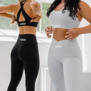 Ropa Deportiva Mujer Logo Kustom Aktif Gym Fitness Set Bra Olahraga V Cut Pinggang Legging dengan Kantong Kebugaran Wanita Set Latihan