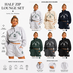 Ensemble 2 pièces pour femme : Sweat-shirt court à demi-zip et col montant avec imprimé lettres et écusson, et short à cordon de serrage avec poches, en polaire douce, BSCI OEM - Product Image 2
