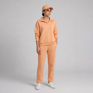 Conjunto Deportivo Casual Color Durazno para Mujer, Top de Manga Larga con Cuello Camisero, Pantalones Largos, Color Sólido, Conjunto de 2 Piezas - Product Image 1