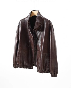 Veste en cuir véritable 2025 pour <span class=keywords><strong>femme</strong></span>, col à revers, vintage, en cuir de mouton ciré - Product Image 5