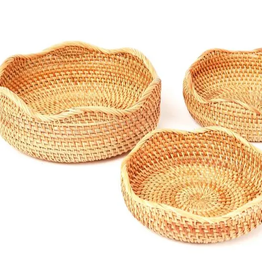 Conjunto de 3 cestas redondas de rattan tecidas à mão para frutas e armazenamento de alimentos com design exclusivo