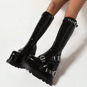 Super High Wedge <b>Heel</b> Women's Long Boots Bright Patent Buckles Knee-high Booties Thick Sole Winter Platform Shoes - Product Image 5