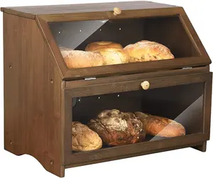 木制大容量面包盒厨房柜台木制面包盒双层大面包盒