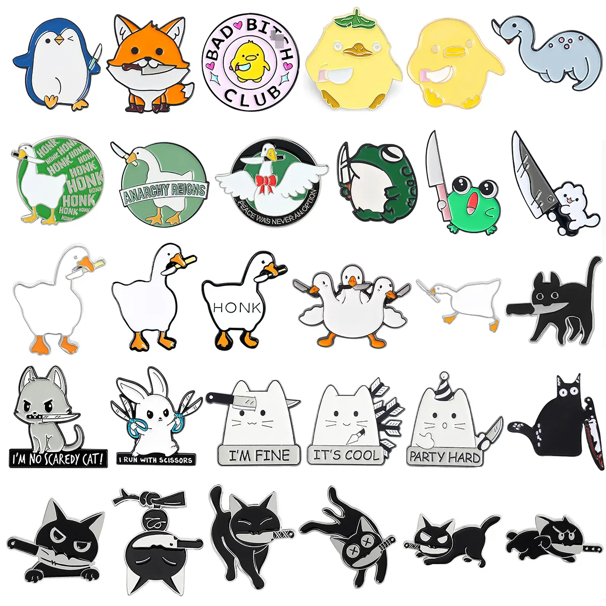 Wholesale Punk Pins Knife Animal Enamel Collection with Duck Cat Penguin Rabbit Frog Brooch Metal Zinc Alloy Customized Logo