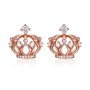 BAGREER SCE574 Fashion 18k Rose Gold Crown Princess Silver Stud Earrings Jewelry for Girl Women With CZ Gemstone
