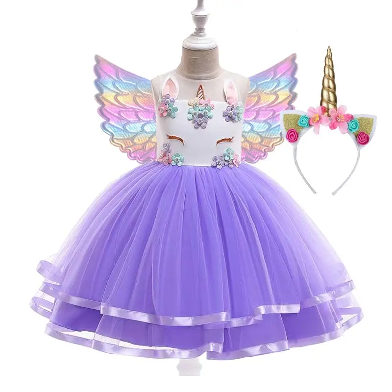 summer dress 2022 Girls Birthday Sequin 3-8Y Unicorn Kids Dress with Unicorn Headband Wings DGLG-015