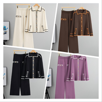 Ensemble deux pièces décontracté pour femme : pull en viscose à col mandarin anti-plis et pantalon large color block pour le printemps