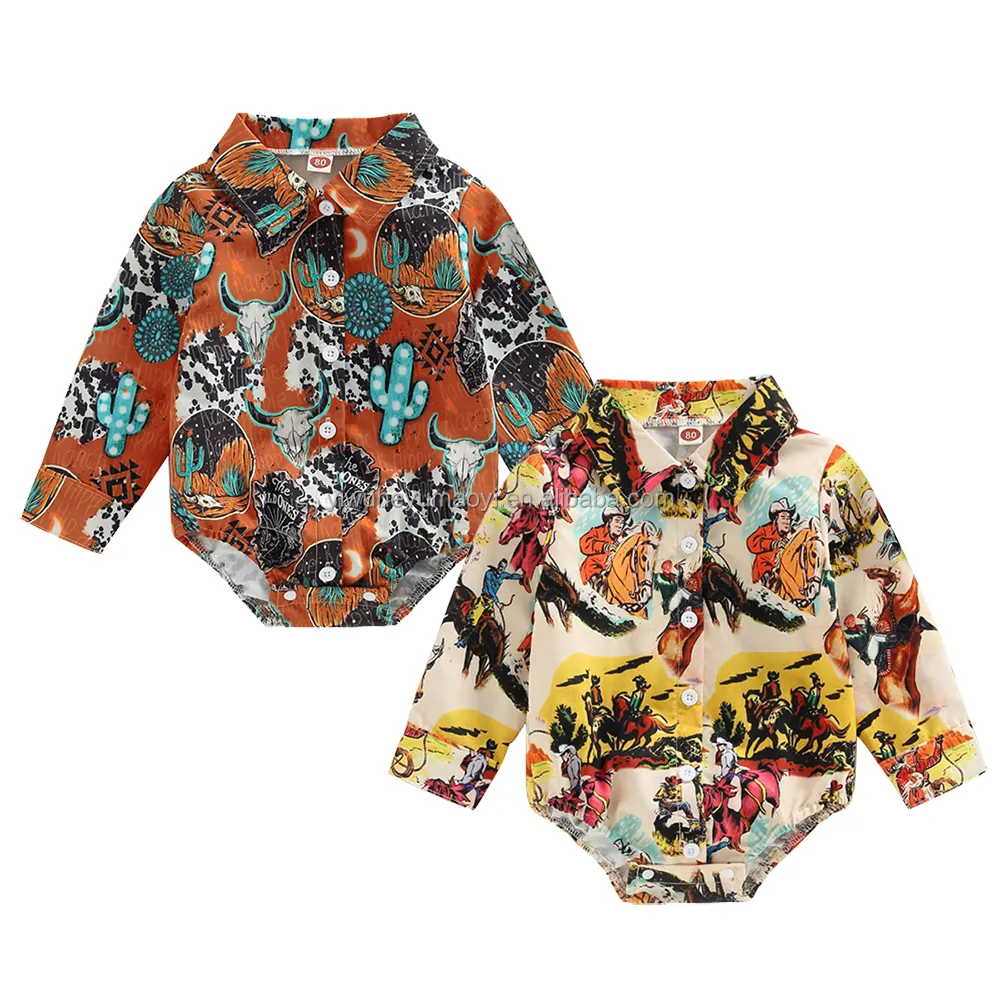 RTS Western Cowboys Style Print Toddler Baby Long Sleeve Shirt Rompers Infant Boys Button Jumpsuit