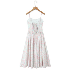 Abito da donna con stampa floreale e lacci, stile <span class=keywords><strong>francese</strong></span> retrò, con finiture in pizzo, senza maniche, linea ad A, sexy, estivo, pronto per la spedizione - Product Image 2