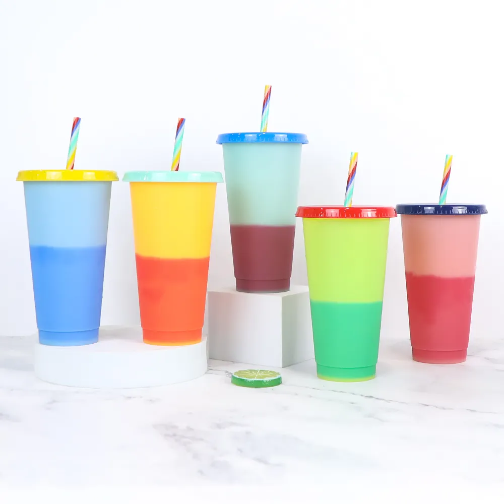 Birthday Gifts Clear to color 24oz pp cold color changing reusable solid color ice cold plastic cup Magic Tumblers