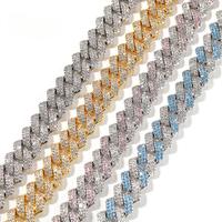 Collier Chaîne Cubaine Iced Out avec Pierres Colorées Bleues et Roses, Style Hip Hop, 13mm, Tons Argent et Or