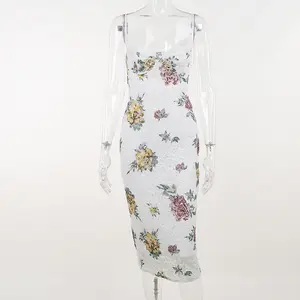 Novo estilo retro europeu e americano recurso slim fitting floral tecido rendas rendas strap vestido