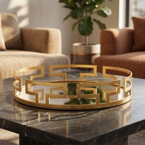 Round Gold Geometric Mirror <b>Tray</b> Brass Decorative Tabletop Home Decor Contemporary Living Room Interior Accent - Product Image 1