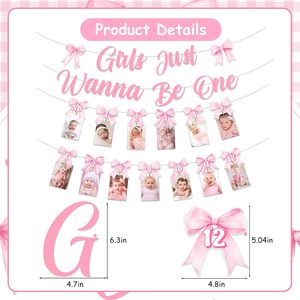Decoraciones de Primer Cumpleaños con Lazo Rosa, Banner 'Las Niñas Solo Quieren Ser de 1 Año', Banner Fotográfico de 0 a 12 Meses para Fiesta de Cumpleaños con Lazo - Product Image 2