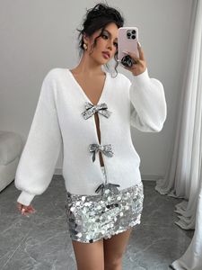 여성용 패셔너블한 루즈핏 긴팔 니트 가디건 스웨터, 리본 모양의 스팽글 장식 - Product Image 4