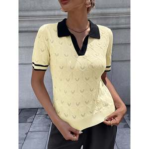 Suéter Polo Calado con Bloques de Color para Mujer, Manga Corta, Cuello Blanco y Negro, Top de Punto, Moda Casual - Product Image 2