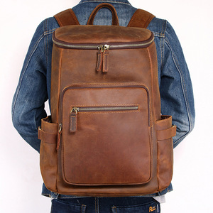 Crazy Horse Leather <b>Backpack</b> 20L Light <b>Brown</b> Unisex Travel Bag Fashionable Solid Color Outdoor Leisure - Product Image 2