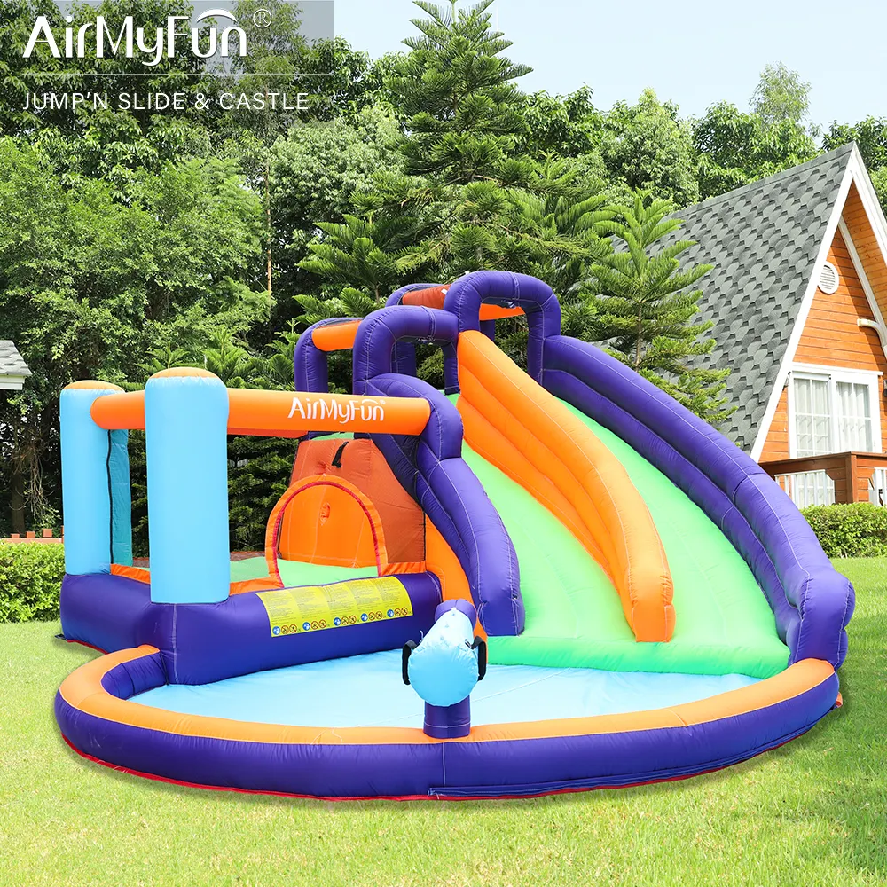 Airmyfun Dubbele Glijbaan Outdoor Opblaasbare Lucht Bounce Springkasteel En Zwembad Voor Kinderen