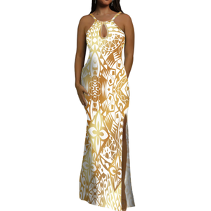 Groothandel Custom Water Drop Design Lady Lange Maxi Jurk Samoan Polynesische Print Sling Strap Avondjurk Mouwloze Gleufjurken - Product Image 3