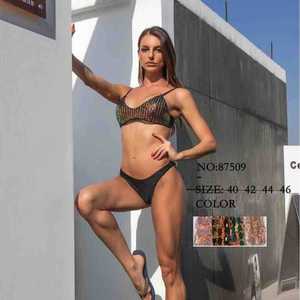 Women Padded Halter <b>Bikini</b> <b>Set</b> Two Piece Summer Beach Swimwear Bra Top Tie Side High Waist Bottom Ladies Wholesale 87509 - Product Image 1