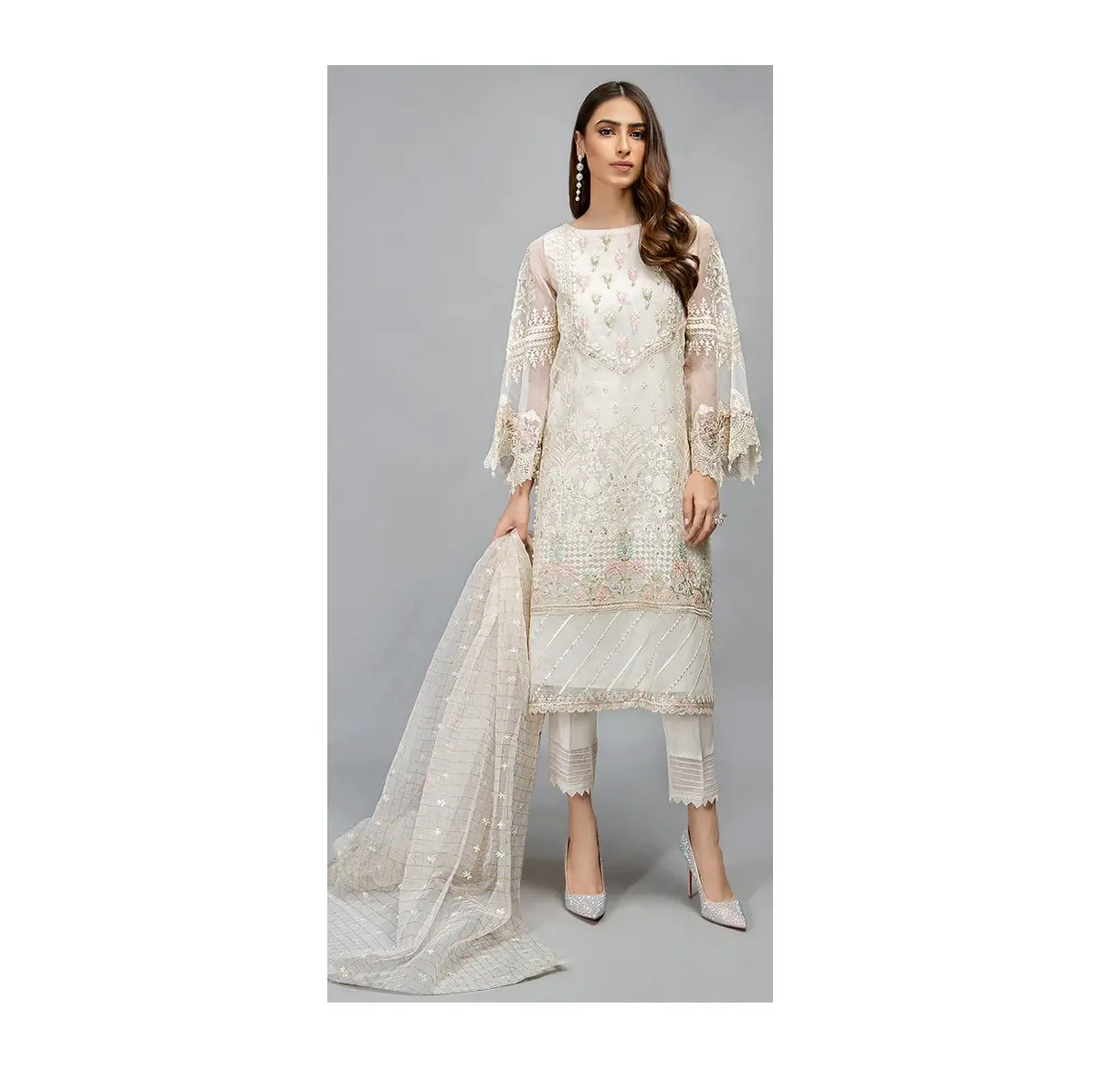 Nakış işi ile yeni koleksiyon organze Eid Diwali ve düğünler gibi şenlikli günler için pakistan şalvar elbise