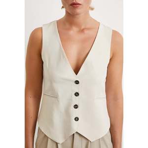 Chaleco de Lino y Algodón para Mujer, Color Crema, Transpirable, Ropa Exterior - Product Image 3
