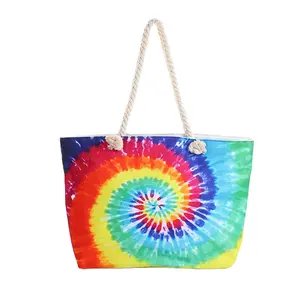 โลโก้ที่กำหนดเองสีเต็มรูปแบบที่กำหนดเองพิมพ์ผ้าใบ Tote กระเป๋า Tie Dye ผ้าใบกระเป๋าชายหาดผ้าใบกระเป๋าสะพายขายส่ง