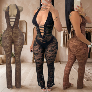 Combinaison moulante longue en dentelle tissée respirante pour femme, style licou, séchage rapide, idéale pour l'été, les soirées et les clubs, fabrication OEM - Product Image 3