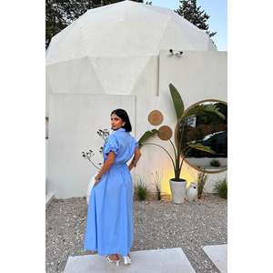 Vestido Camisero Azul con Cuello, Cintura Elástica, Tejido Transpirable, Vestido Casual Diario - Product Image 1