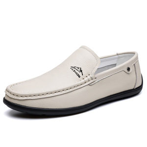 Mocassins en cuir véritable pour hommes, bout rond, à enfiler, confortables, toutes saisons, chaussures décontractées, blanc - Product Image 5