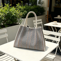 Sac fourre-tout en polyester tricoté, texture tissée à rayures avec côtés à soufflets extensibles, pour pique-nique, marché des agriculteurs, courses quotidiennes