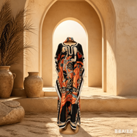 Robe Boubou Africaine Traditionnelle pour Femme, Col en V, Ample et Décontractée, avec Poches et Foulard, Imprimé Rayé, Idéale pour les Vacances, Collection 2026