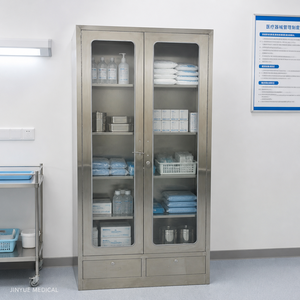 Armoire de rangement médicale <span class=keywords><strong>en</strong></span> acier inoxydable brossé avec étagères réglables et porte vitrée à charnières pour <span class=keywords><strong>pharmacie</strong></span> - Product Image 2
