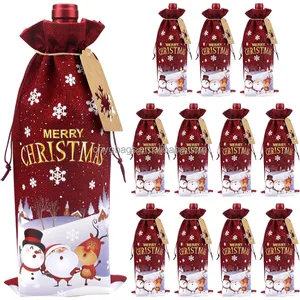 Single Champagne Jute Drawstring Bag Sublimation Christmas Burlap Wine Bottle Bag
