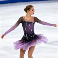 Robe de patinage artistique dégradé noir et violet à manches longues, dos croisé en maille, entièrement ornée de strass pour la compétition