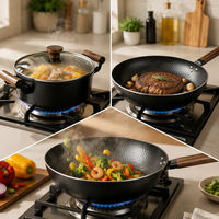 Ensemble de 3 ustensiles de cuisson en fer fin de haute pureté, antiadhésifs, compatibles avec les cuisinières à gaz, poignées en bois, couvercles en verre, durables et écologiques