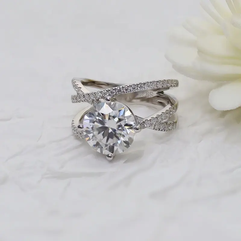 GRA Certificate Moissanite Fine Jewelry Luxury 3ct Round Moissanite Diamond Engagement Ring Twist Ring Band