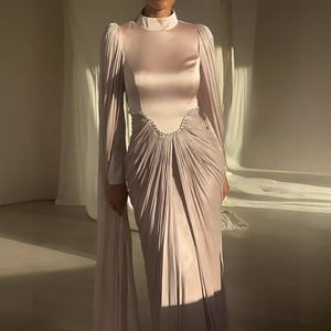 豪華なスプライスリボンのイブニングドレス、女性用スタンドカラー長袖パッチワークダイヤモンドチュニックフォールドマキシドレス - Product Image 4